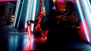 Preview wallpaper man, mask, alone, neon, street, building, architecture