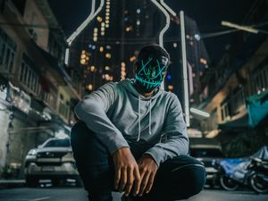 Preview wallpaper man, mask, anonymous, city, street