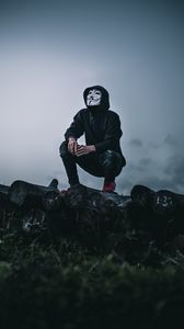 Preview wallpaper man, mask, anonymous, hood, hoodie