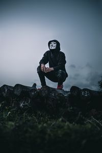 Preview wallpaper man, mask, anonymous, hood, hoodie