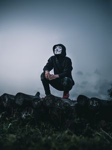 Preview wallpaper man, mask, anonymous, hood, hoodie