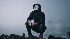 Preview wallpaper man, mask, anonymous, hood, hoodie