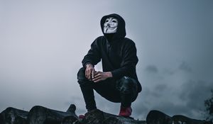 Preview wallpaper man, mask, anonymous, hood, hoodie