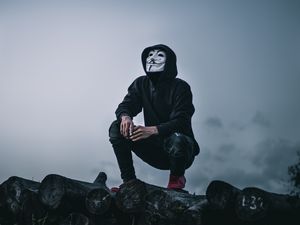 Preview wallpaper man, mask, anonymous, hood, hoodie