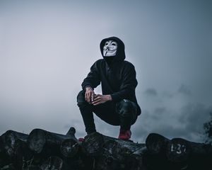 Preview wallpaper man, mask, anonymous, hood, hoodie