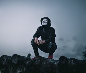 Preview wallpaper man, mask, anonymous, hood, hoodie