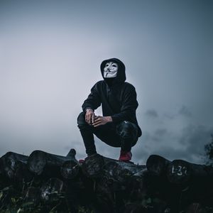 Preview wallpaper man, mask, anonymous, hood, hoodie