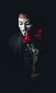 Preview wallpaper man, mask, anonymous, roses, flowers, bouquet
