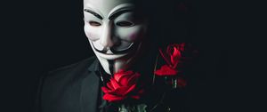 Preview wallpaper man, mask, anonymous, roses, flowers, bouquet