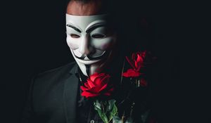 Preview wallpaper man, mask, anonymous, roses, flowers, bouquet