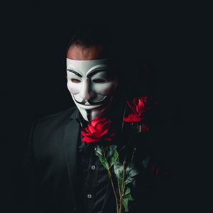 Preview wallpaper man, mask, anonymous, roses, flowers, bouquet