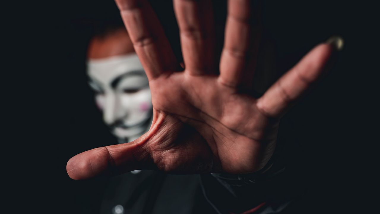 Wallpaper man, mask, anonymous, hand, gesture