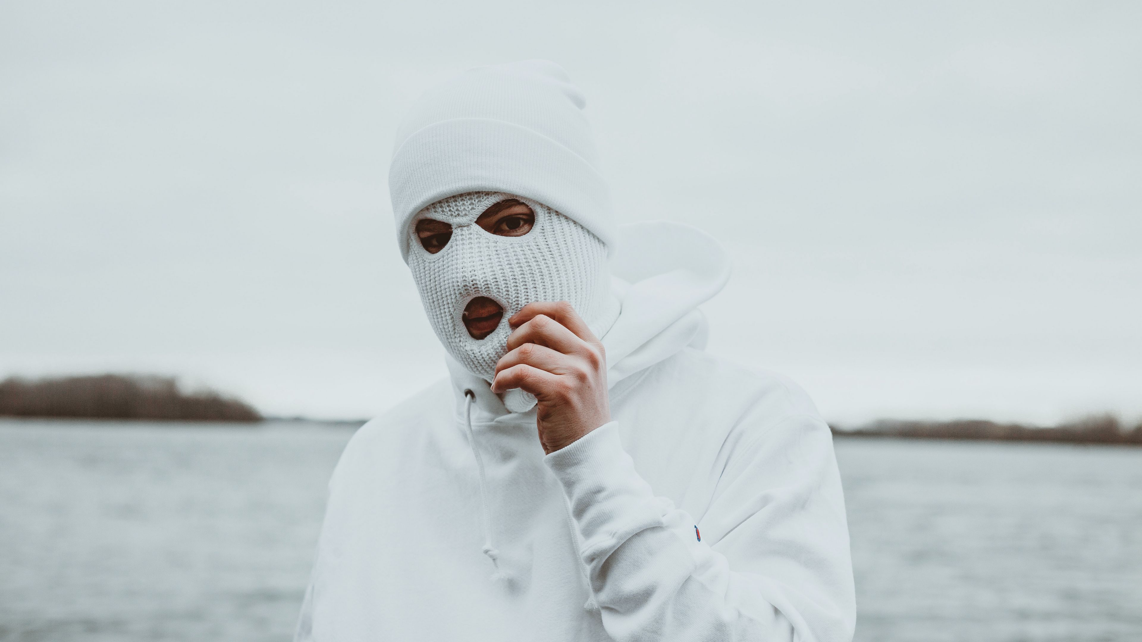 Download wallpaper 3840x2160 man, mask, balaclava, white 4k uhd 16:9 hd 