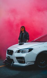 Preview wallpaper man, mask, car, white, smoke, cloud