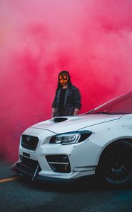 Preview wallpaper man, mask, car, white, smoke, cloud