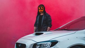 Preview wallpaper man, mask, car, white, smoke, cloud