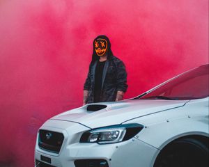 Preview wallpaper man, mask, car, white, smoke, cloud