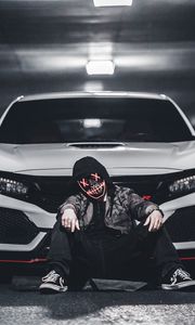 Preview wallpaper man, mask, car, white, parking