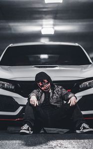 Preview wallpaper man, mask, car, white, parking