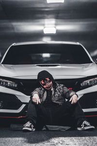 Preview wallpaper man, mask, car, white, parking
