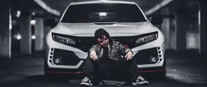 Preview wallpaper man, mask, car, white, parking