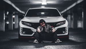 Preview wallpaper man, mask, car, white, parking