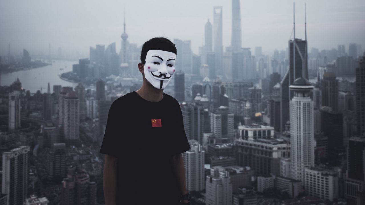 Wallpaper man, mask, city, buildings, view, overview