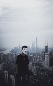 Preview wallpaper man, mask, city, buildings, view, overview