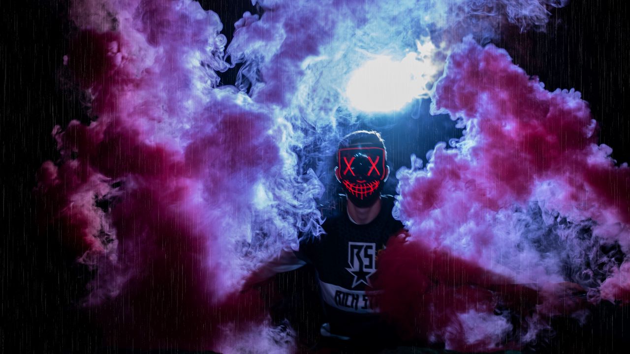 Wallpaper man, mask, colored smoke, anonymous