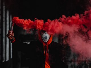 320x240 Wallpaper man, mask, colored smoke