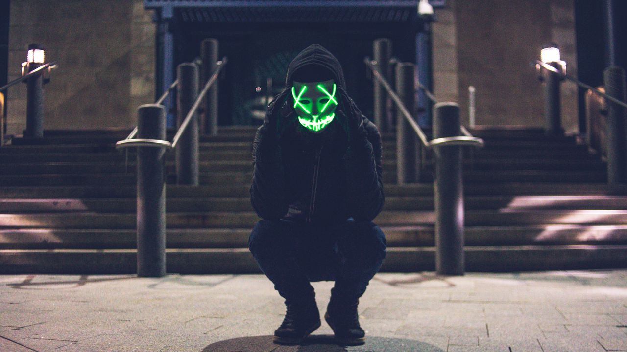 Wallpaper man, mask, hood, anonymous, glow, green