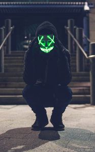 Preview wallpaper man, mask, hood, anonymous, glow, green