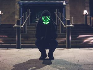 Preview wallpaper man, mask, hood, anonymous, glow, green