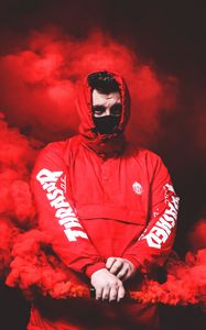 Preview wallpaper man, mask, hood, smoke, red