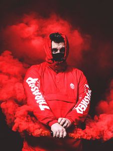 Preview wallpaper man, mask, hood, smoke, red