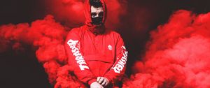 Preview wallpaper man, mask, hood, smoke, red