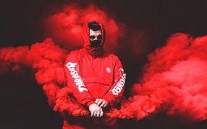Preview wallpaper man, mask, hood, smoke, red