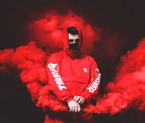 Preview wallpaper man, mask, hood, smoke, red