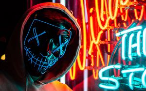 Preview wallpaper man, mask, hood, neon, light