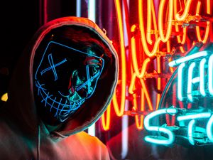 Preview wallpaper man, mask, hood, neon, light