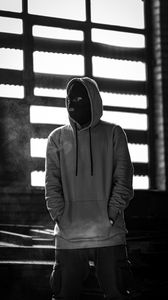 Preview wallpaper man, mask, hood, hoodie, bw