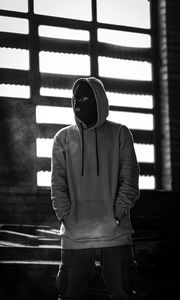 Preview wallpaper man, mask, hood, hoodie, bw