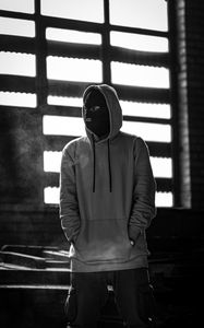 Preview wallpaper man, mask, hood, hoodie, bw