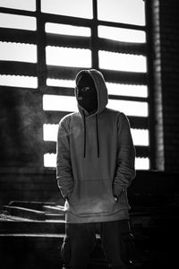 Preview wallpaper man, mask, hood, hoodie, bw