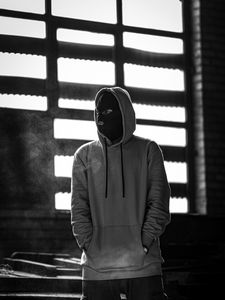 Preview wallpaper man, mask, hood, hoodie, bw