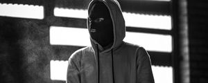 Preview wallpaper man, mask, hood, hoodie, bw