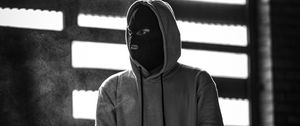 Preview wallpaper man, mask, hood, hoodie, bw