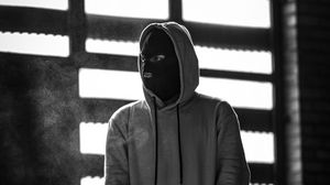 Preview wallpaper man, mask, hood, hoodie, bw