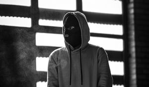 Preview wallpaper man, mask, hood, hoodie, bw