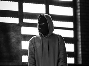 Preview wallpaper man, mask, hood, hoodie, bw